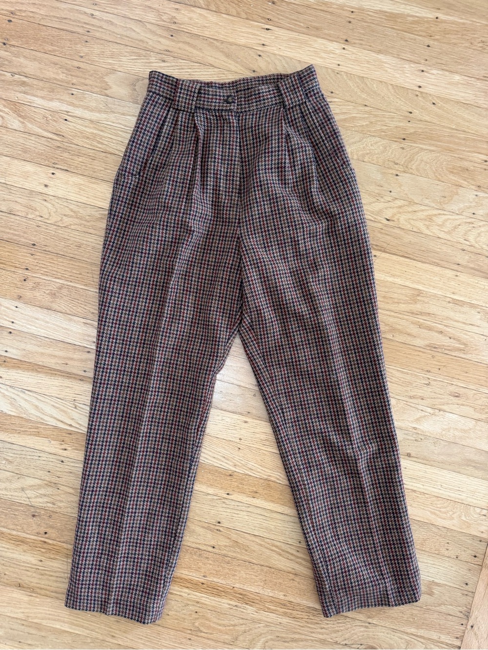 Vtg Houndstooth Tailored Trousers Brown/Black Flattering Tweedy Quiet Luxury 24”